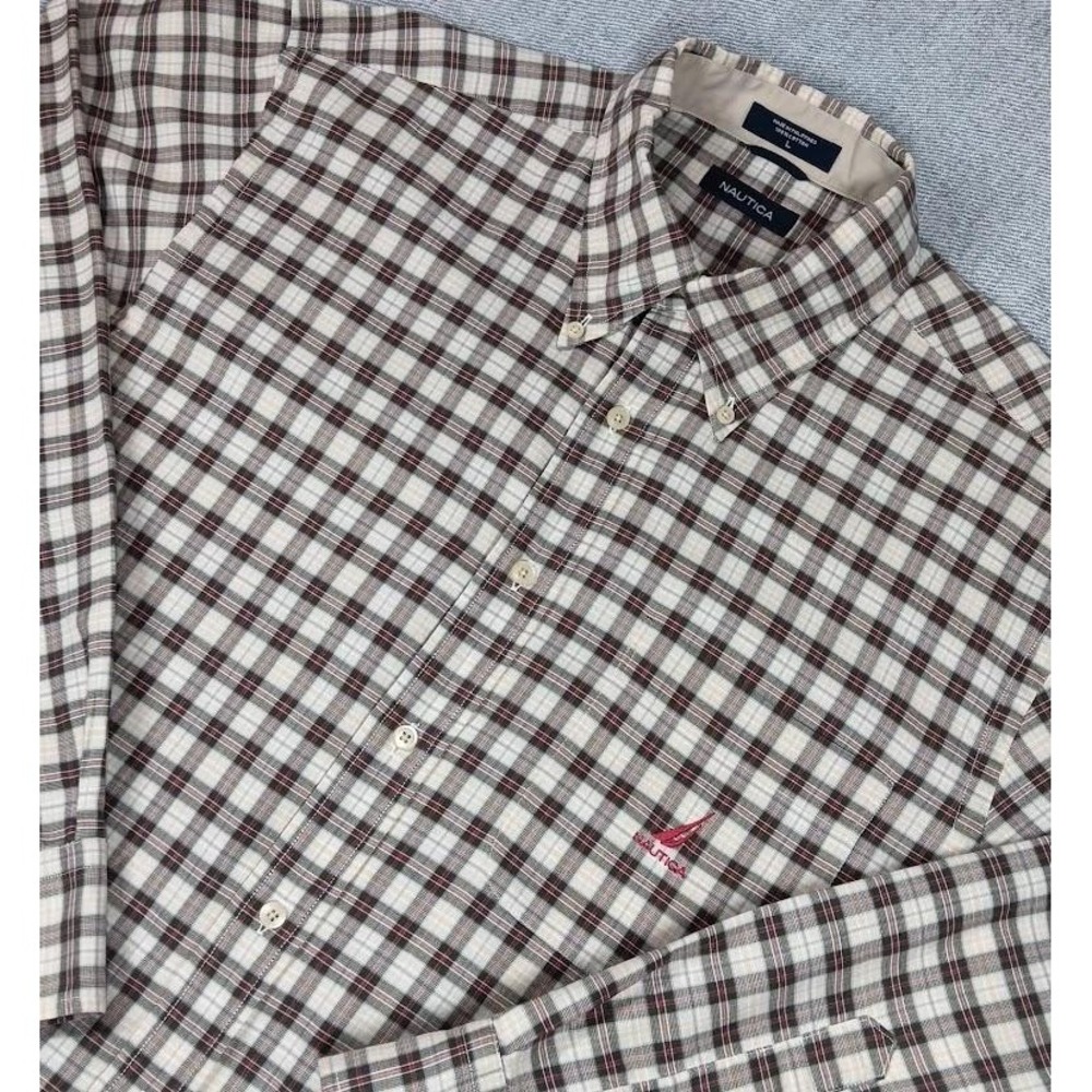 Nautica Shirt Mens Large Brown Plaid Button Down Long Sleeve Classic Cotton Logo
